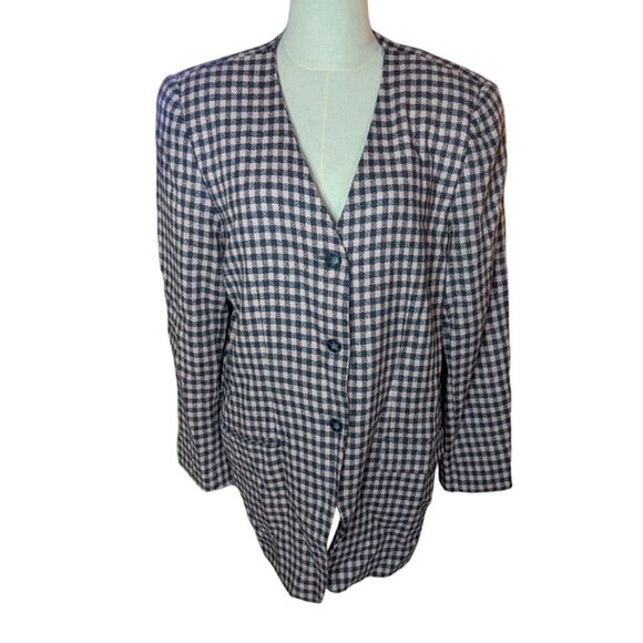 VTG Chaus Wool Mauve Gray Check Long Blazer 14 - Picture 1 of 4